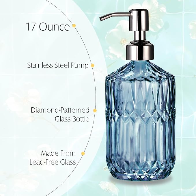 COHOSEGE 17 Oz Blue Glass Kitchen Soap Dispenser for Dish Soap, 2 Pack Bathroom Soap Dispenser Set with Silvery Rust Proof Pump for Lotion, Hand soap or Body Wash