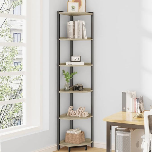 Hzuaneri Corner Shelf Stand 6-Tier Corner Bookshelf Storage Standing Shelf | Bookcase Plant Stand with Metal Frame for Living Room, Home Office, Bedroom, Greige CS06005B