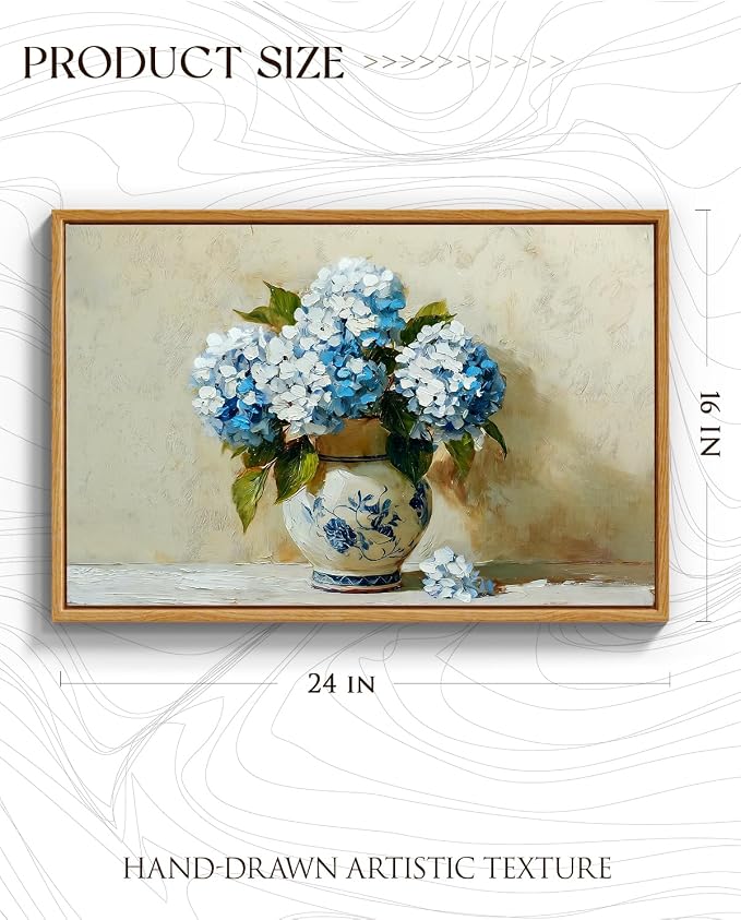InSimSea Framed Canvas Art Hand-Painted Vintage Blue Hydrangea Art,16x24inch, Textured Floral Paintings Artwork Wall Decor for Living Dining Room Hallway, Classical Still Life Farmhouse Picture