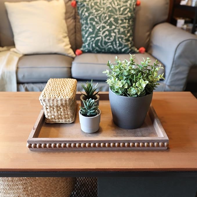 Hrastany Wood Decorative Tray, Distressed Outdoor Serving Tray with Wooden Bead for Ottoman, Coffee Table, Entertaining, Home Decor, Rectangular 15.7”*11.8”*1.57” (Retro Brown)
