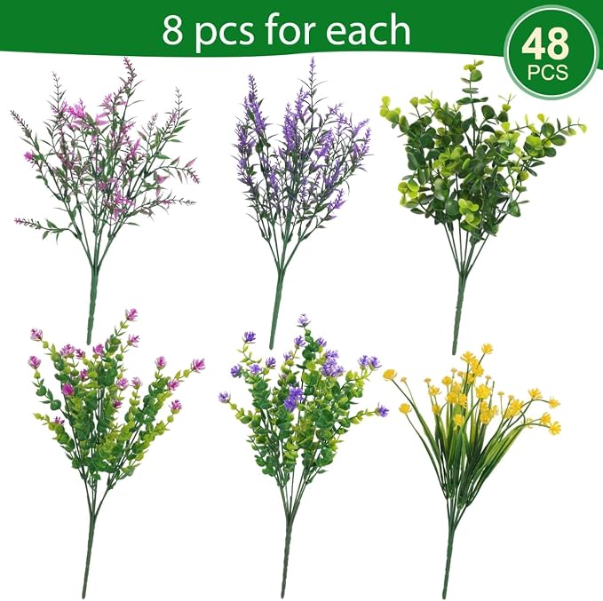 Hananona 48 Pcs Artificial Flowers Outdoor, Faux Artificial Plants UV Resistant Plastic Flower Bulk for Hanging Planter Porch Window Home Spring Summer Decor (48, Fuchsia, Purple, Yellow, Green)