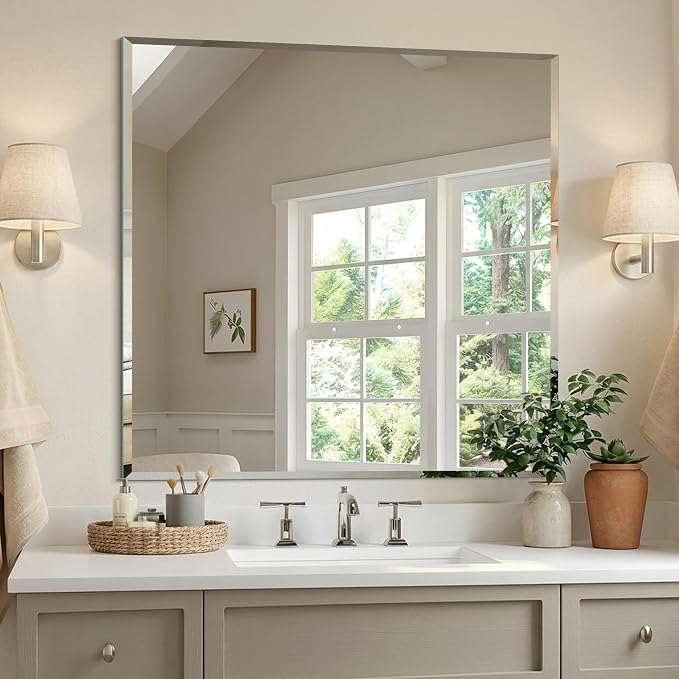 KOCUUY Beveled Mirror, 30x30 Inch Square Frameless Bathroom Mirror for Over Sink, Upgraded Shatterproof Beveled Unframed Design Mirror for Bathroom, Bedroom, Entryway, Hang Horizontal/Vertical