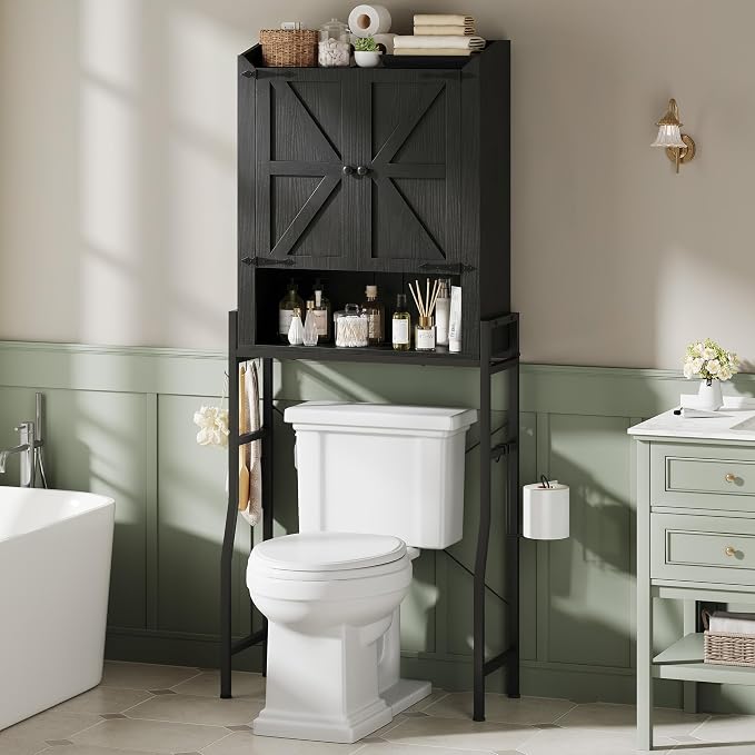 Over The Toilet Storage Cabinet with 2-Door & Metal Stand, Black | Toilet Paper Holder, 3 Extra Hooks, Anti-Tipping Device, With Adjustable Shelves, for Bathroom, Restroom, Laundry