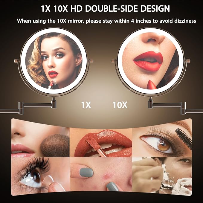 8" Wall Mounted Makeup Mirror,Oval Base, 10X, Oil Rubbed Bronze | Rechargeable Lighted Makeup Vanity Mirror,Double Sided Dimmable,Magnifying,3 Color Lighting,360 Rotation Shaving,Women Gift