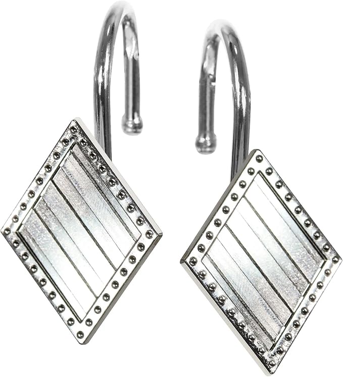 Brushed Nickel Shower Curtain Hooks: 12PCS Geometric Bathroom Curtain Ring | Elegant Silver Rust Proof Metal Diamond Shower Hooks, Stylish Decorative Curtain Rod Hangers for Modern Bathroom Decor