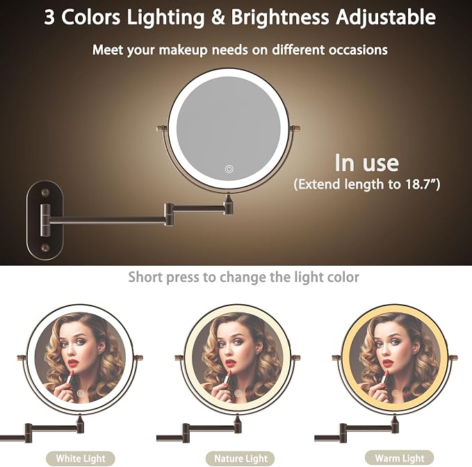 8" Wall Mounted Makeup Mirror,Oval Base, 10X, Oil Rubbed Bronze | Rechargeable Lighted Makeup Vanity Mirror,Double Sided Dimmable,Magnifying,3 Color Lighting,360 Rotation Shaving,Women Gift