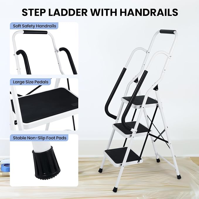 Step Ladder 3 Step Folding with Handrails, Folding Step Stool with Wide Anti-Slip Pedal, Sturdy Steel Portable Ladder, Lightweight Step Stool Foldable for Library Home Garage Office