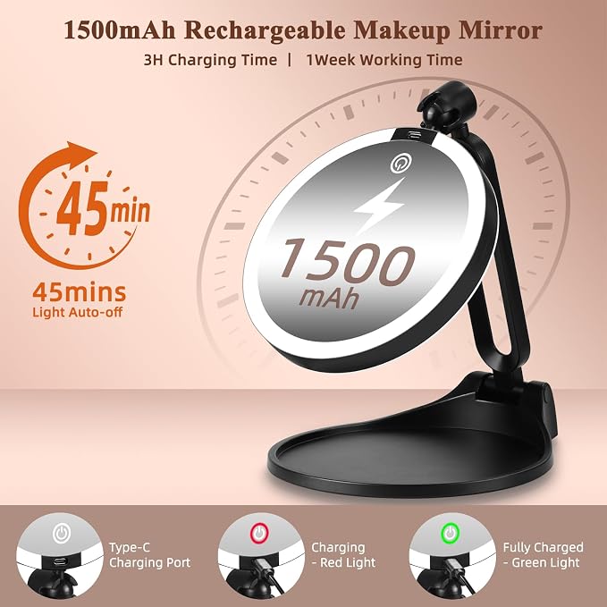 30X/1X Makeup Magnifying Mirror with Lights, 6inch Double-Sided LED Mirror | 1X/30X Makeup Magnified Mirror, Desktop 30X Magnification Rechargeable 3 Color Dimmable Light, 360° Adjustable Rotation Angle