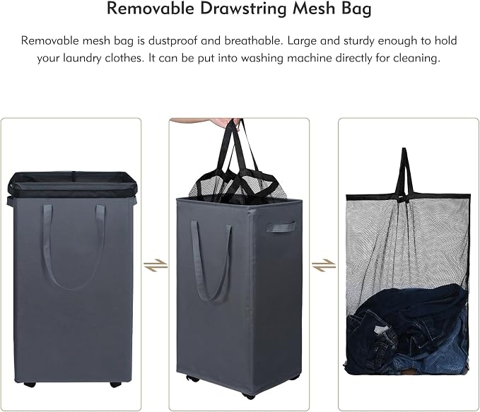 DOKEHOM 90L X-Large Rolling Laundry Basket Hamper on Wheels, Grey | Collapsible clothes hamper with removable mesh wash bag. High-capacity foldable washing bin organizer