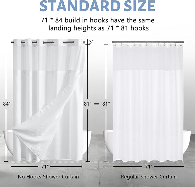 Furlinic 84 in Long Waffle Weave No Hook Shower Curtain with Waterproof Snap in Liner,White Thick Textured Bathroom Curtains with Top Window,Machine Washable & Hotel Quality,71x84 Inch