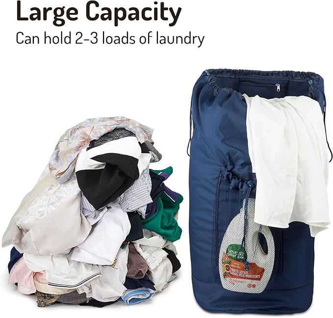 Seiritex Laundry Bag Backpack with Detergent Holder and Adjustable Shoulder Straps, Clothes Laundry Backpack for College, Travel, Apartment, Laundromat, Dorm Room (Blue)