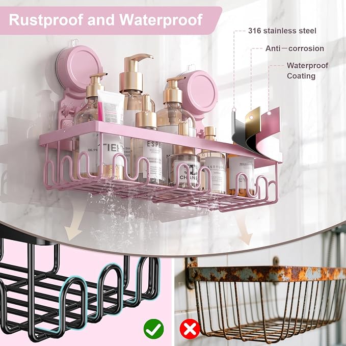JOTPE Pink Suction Cup Shower Caddy, 2 Pack Bathroom Organizer with Hooks | No-Drill Shower Organizer with Strong Suction Cups, Rust-Resistant Metal Shelves Store Shampoo, Soap and Bath Essentials