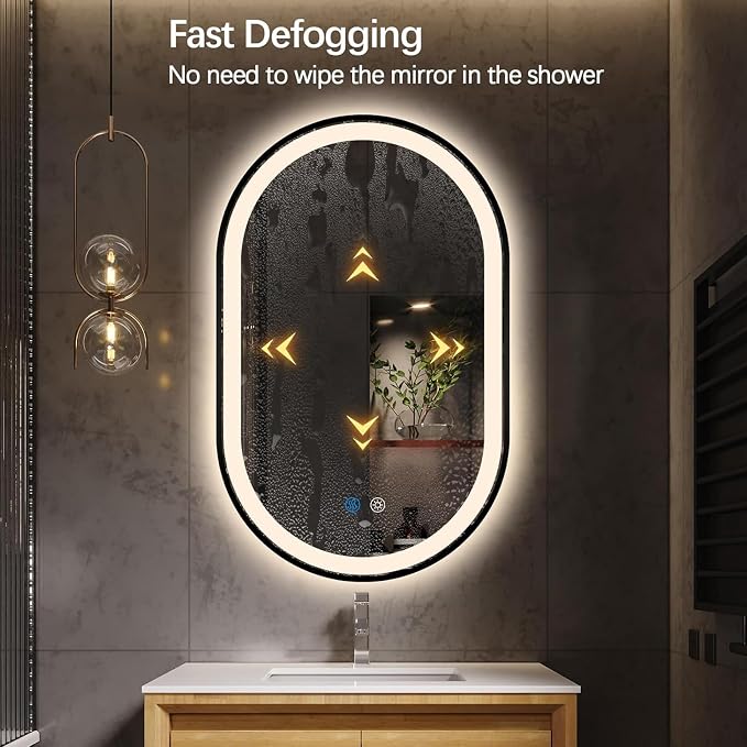 Oval LED Bathroom Mirror, Backlit + Front Lit Mirror Black Frame | 3 Color Dimmable, Anti-Fog, 32"x20", Memory Function, Shatter-Proof, HD Glass, Pill-Shaped Mirror, Vertical or Horizontal