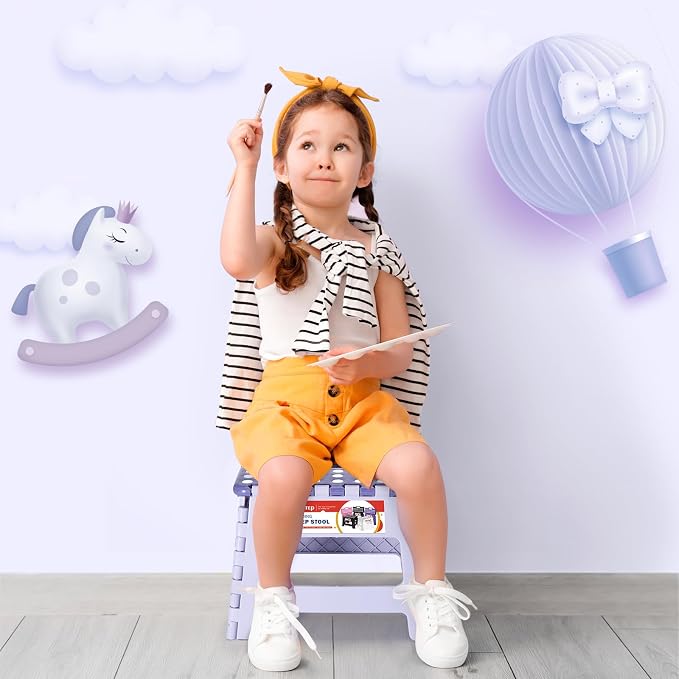 Folding Step Stool 9 Inch for Kids, 300 lbs, Bicolor Purple | Lightweight Plastic Small Foldable Step Stool with Handle, Non-Slip, for Kitchen, Bathroom, Bedroom and Closet
