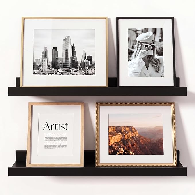 Black Picture Ledge Shelves for Wall, 4.5" Deep Wood Floating Shelves with Lip for Bedroom, Living Room, 16" Width, Color Black Set of 2