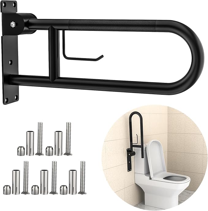 Toilet Grab Bar 24 Inch, YuanDe Flip Up Grab Bar with Paper Holder | Matte Black Anti-Slip Safety Bars for Toilet, Stainless Steel Knurled Toilet Handles for Seniors Disabled Elderly Pregnant