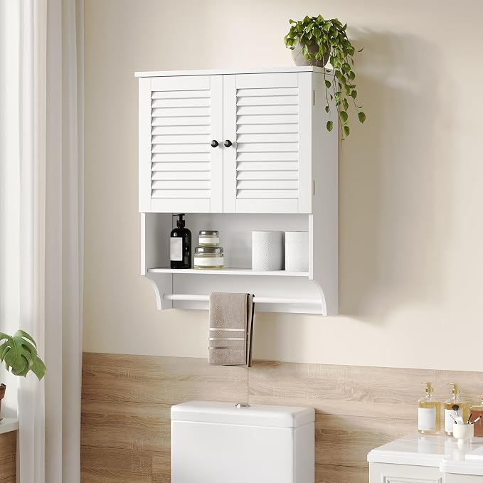 ChooChoo Bathroom Wall Cabinet with Towel Bar and Ample Storage | 23.6"L x 7.9"W x 27.5"H MDF Medicine Cabinet, Over The Toilet Space Saver Storage Cabinet with Adjustable Shelf, White