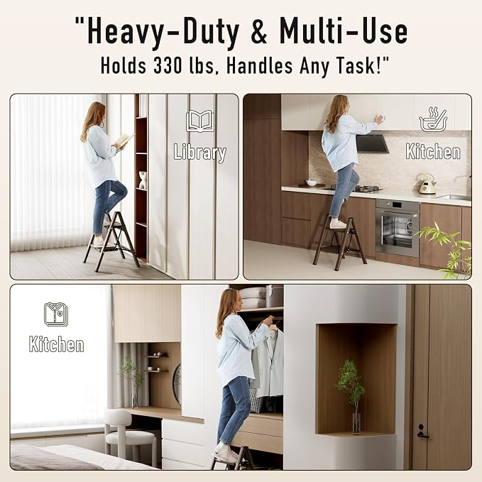 Mayi Plus 2 Step Stool Foldable, Aluminum, Lightweight Step Ladder | Extra-wide anti-slip folding steps with 330 lbs, for home,kitchen,office,outdoor,Walnut