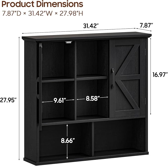 Vabches Bathroom Wall Cabinet, Farmhouse Medicine Cabinet with Double Barn Door and Adjustable Shelves, Wooden Vintage Storage Cabinet Wall Mounted for Bathroom, Kitchen Dining, Rustic Black