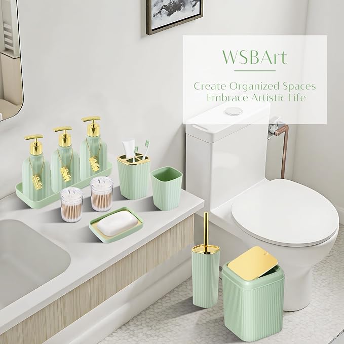 17PCS Bathroom Accessories Set, Green Bathroom Set Bathroom Accessories Set with Trash Can, Toilet Brush, Toothbrush Holder, Qtip Holder & 3PCS Soap Dispenser