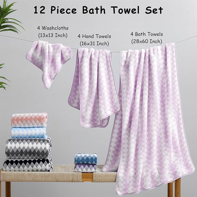 12 Pcs Light Purple Diamond Towel Set-4 Bath Towels,4 Hand Towels,4 Washcloths Soft Polyester Bath Towel with Loop Absorbent Shower Towel Quick Dry Family Towels for Bathroom Spa Gym