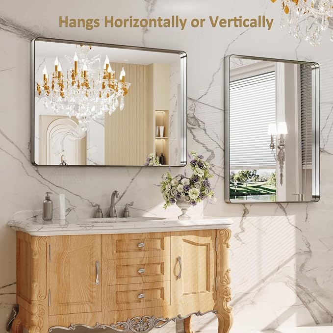 LOAAO 40X32 Inch Brushed Nickel Bathroom Mirror | Rounded Rectangle, Silver Metal Frame, Anti-Rust, Shatter Proof, Hangs Horizontally or Vertically