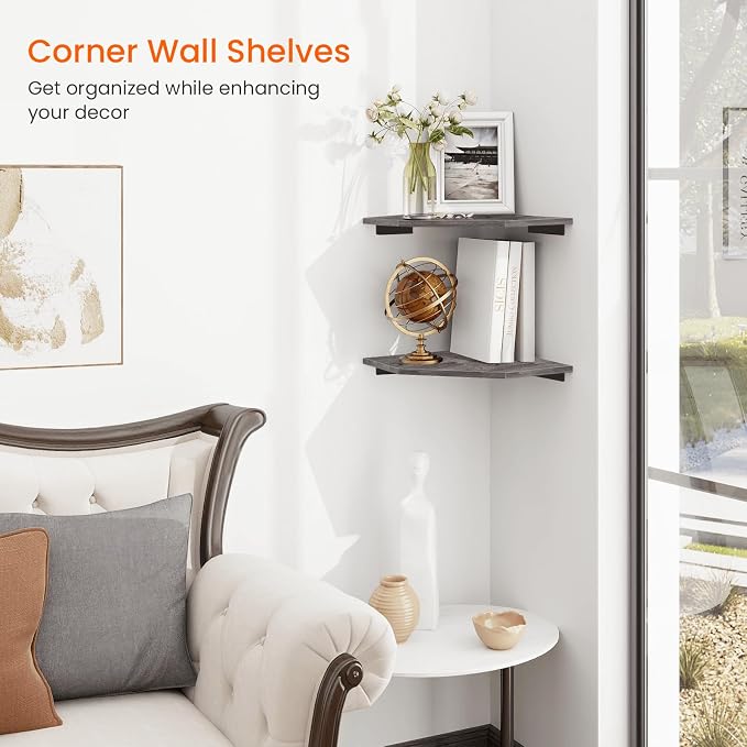 Corner Shelf Wall Mount, Set of 2 Corner Floating Shelves with Cord Hole for TV, Cable Box, Wood Hanging Storage Shelf Organizer for Bathroom Kitchen Living Room Bedroom, Rustic Grey