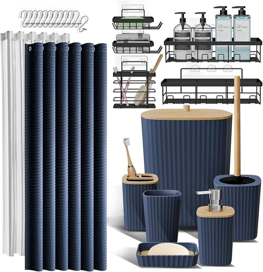 Clara Clark Bathroom Set, Shower Curtain Set and Shower Caddy Hanging | 25 Piece Navy Blue Bathroom Accessories Set with Toothbrush Holder, Soap Dispenser, Soap Dish, Toilet Brush, and Trash Can