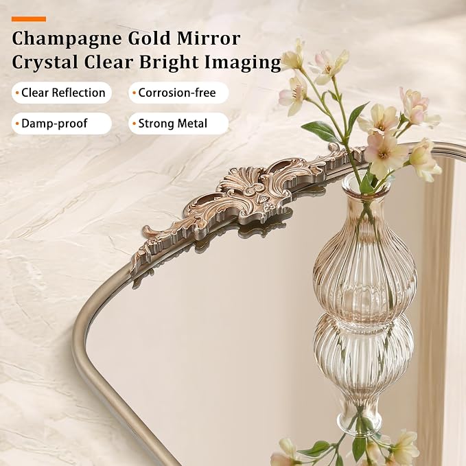 Besdomus Antique Large Wall Mirror: 24"x36" French Arched Vanity Mirrors | Champagne Baroque Vintage Decorative - Traditional Ornate for Entryway/Dresser/Over Sink - Ideal for Bathroom Renovations
