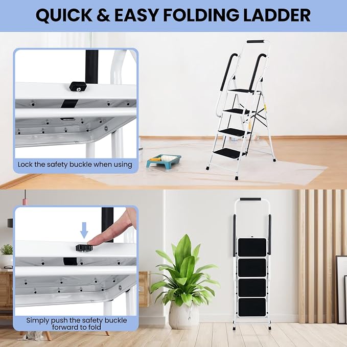 Step Ladder 4 Step Folding with Handrails, Folding Step Stool with Wide Anti-Slip Pedal, Sturdy Steel Portable Ladder, Lightweight Step Stool Foldable for Library Home Garage Office
