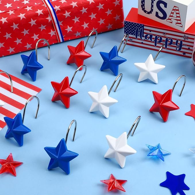 12 Pack Star Shower Curtain Hooks Patriotic Red White Blue Hangers | Resin and Rustproof Stainless Steel, Glide Smoothly Without Scratching Rods, Glitter Star Patriotic Festive Decor