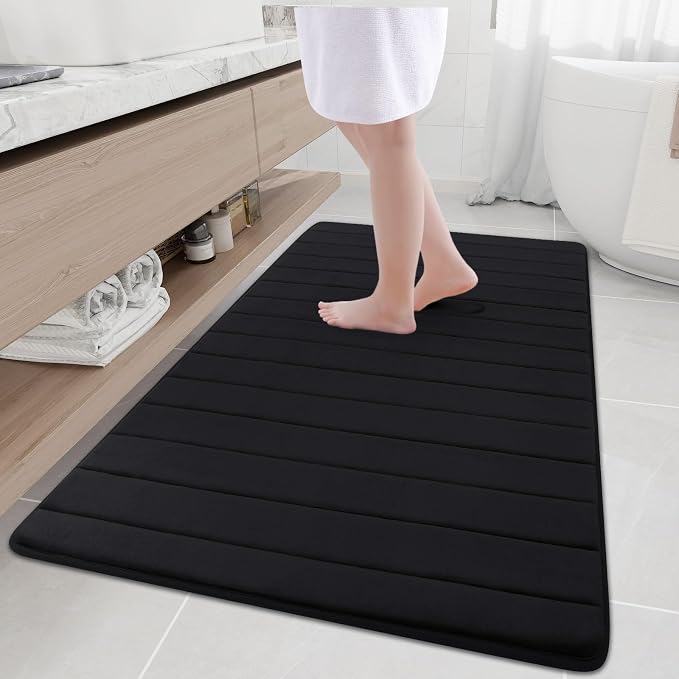 Buganda Memory Foam Bath Mat 59 x 34, Ultra Soft Absorbent Bathroom Rugs | Black, Machine Washable Quick Dry Bath Mats for Bathroom Floor, Shower and Tub, Home Decor Accessories