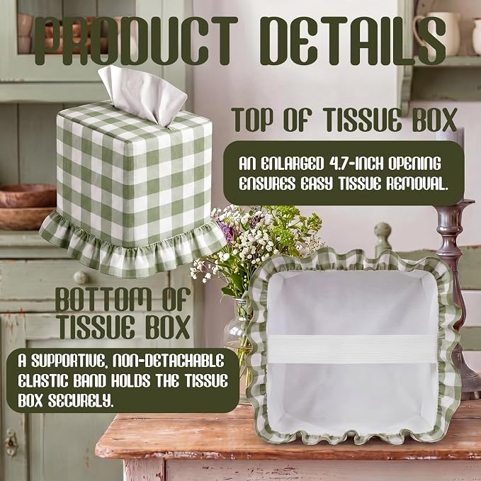 Green Gingham Tissue Box with Ruffled Cover Cottagecore Handmade Decorative Gingham Napkin Holder for Home Bedroom Living Room Bathroom Vanity Countertop Car Office Kitchen