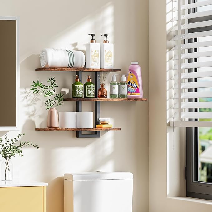 Floating Shelves for Wall, Wood Wall Shelves for Bathroom | 3 Tier Shelves for Wall Decor, Decorative Hanging Storage Shelf for Bedroom Kitchen Living Room, Rustic Brown and Black