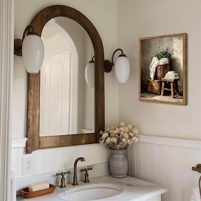 Vintage Laundry Room Wall Art Rustic Laundry Basket Bathroom Wall Decor Poster Country Farmhouse Wildflower Canvas Painting Print 12x16 inch Wood Framed