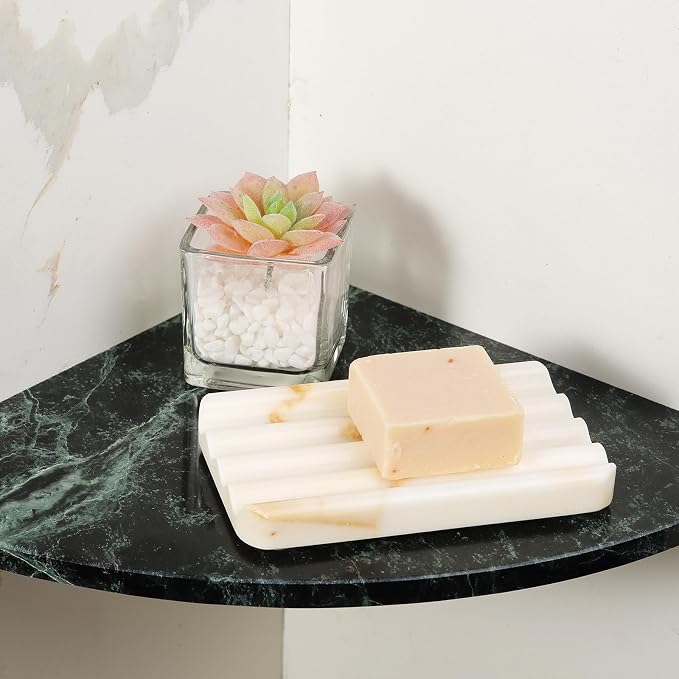 Natural Marble Soap Dish for Bathroom Shower, White Gold Marble Soap Tray for Bathroom, Stone Soap Tray for Sink, Stripe Grooves Soap Saver Keep Soap Bars Dry Easy Clean