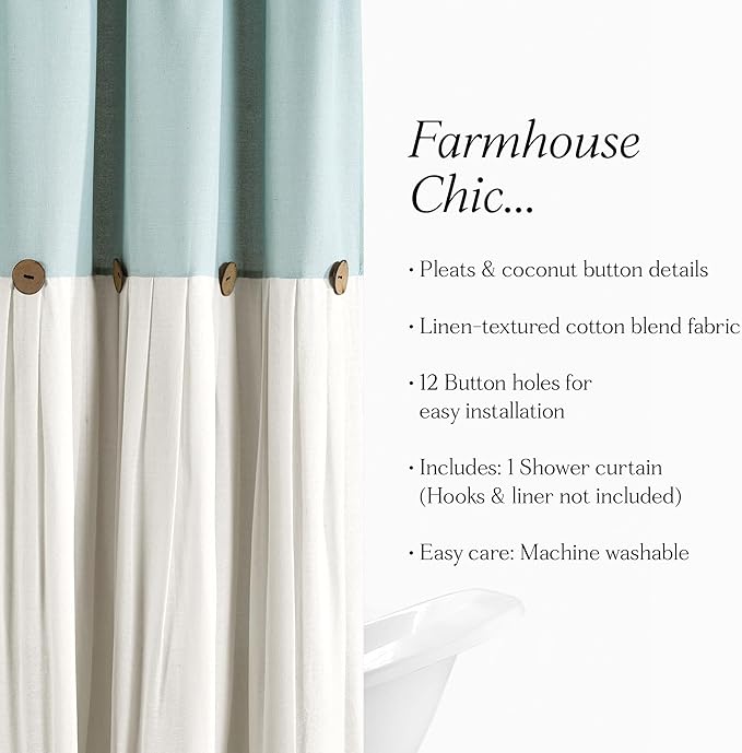 Lush Decor Linen Button Shower Curtain Single 72" W x 84" L Blue & White - Extra Long Shower Curtains - Blue Shower Curtain Fabric - Farmhouse Bathroom Decor