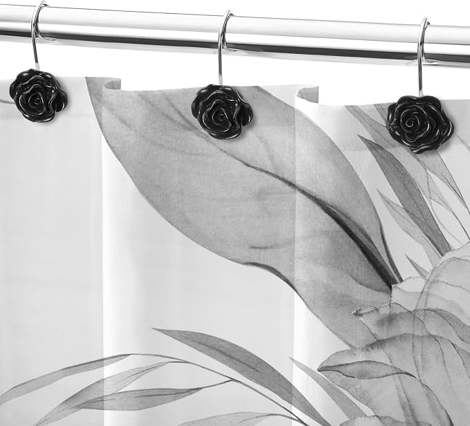 Cute Rose Floral Shower Curtain Hooks Rings for Bathroom,Black 12PCS | Metal Rustproof Curtain Hooks Shower Rings,Girls Decorative Flower Bathroom Decor,for Bathroom Shower Rods