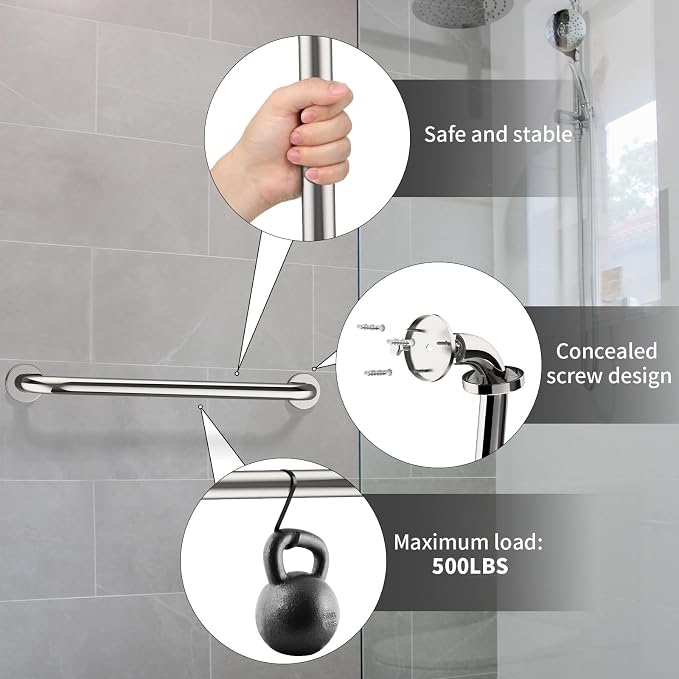 ZUEXT 2 Pack 24 Inch Chrome Stainless Steel Bathroom Shower Grab Bar | Concealed Wall Mount Shower Balance Bar, Safety Hand Rail Support, Handicap Elderly Senior Assist Bath Handle, 1.25" Diameter