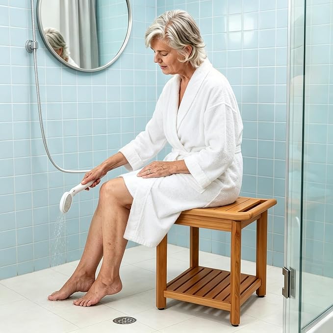 Teak Shower Stool 17" for Inside Shower, HeavyDuty Shower Bench Seat | Non-Slip Shower Stool with Storage Shelf, Waterproof Shower Chair for Seniors & Post Surgery, Safe Bathing & Everyday Comfort