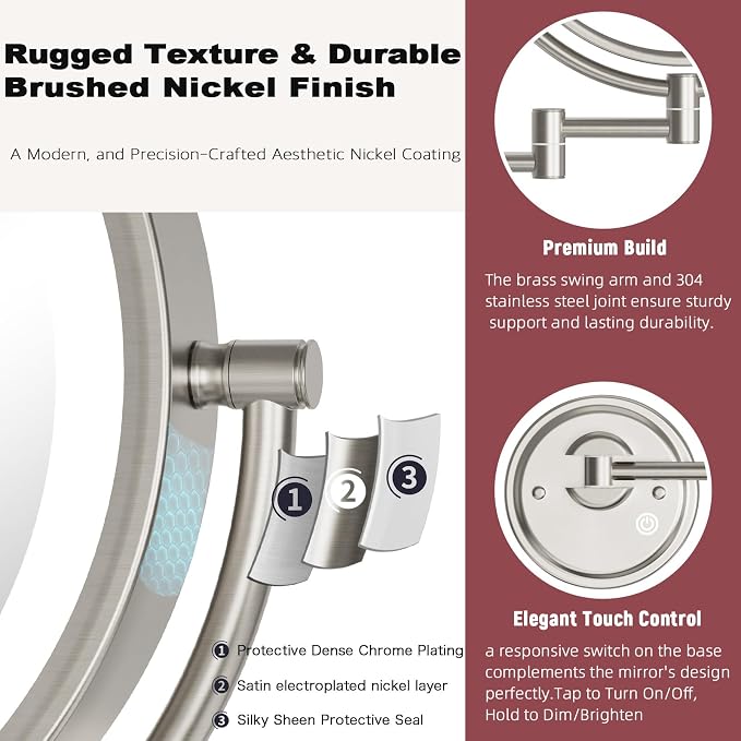 10" Brass Bathroom 5X Magnifying Mirror Wall Mount with Light Extension Arm | 2 Sided, SPA Hotel Close up Makeup, 3 Color LED Touch Dimming on Base, 360 Rotation, Plug In, Moderne Brushed Nickel