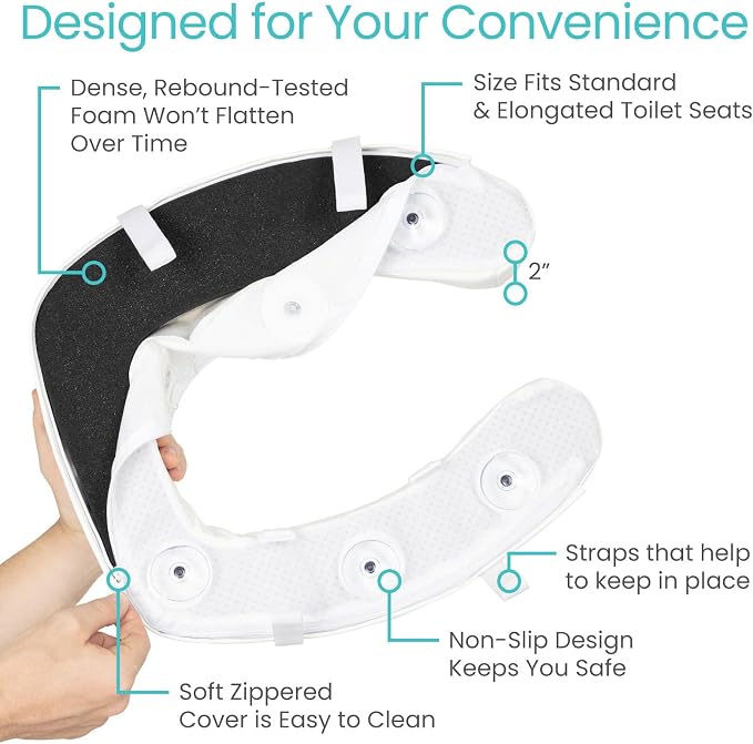 Vive Toilet Seat Riser Cushion for Seniors - Fits All Toilet Seats | Raised Toilet Seat with High-Density Foam for Elongated & Standard - Cushioned & Padded - Elevated Medical Handicap Lifter