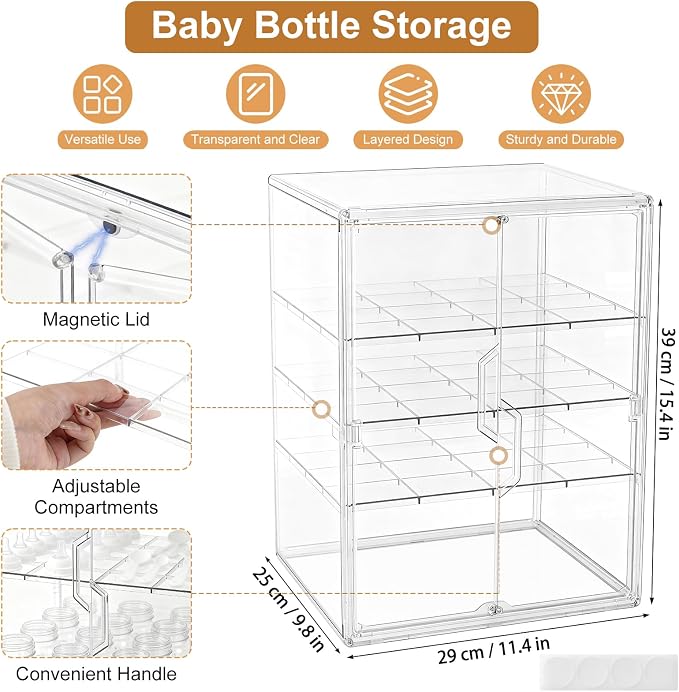 ERTIUANIO Baby Bottle Organizer – 4 Tier Bottle Storage Organizer Baby with Double Magnetic Doors for Nipples, Pump Parts, Food Jars – Clear Nursery Cabinet for Countertop Kitchen