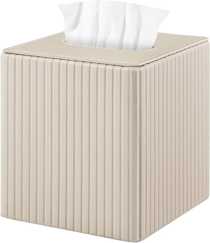 PU Leather Tissue Box Cover Square Tissue Box Holder for Bathroom Vanity Countertop Night Stands Bedroom Office Desk,Modern Tissue Decorative Organizer with Magnetic Closure,Beige