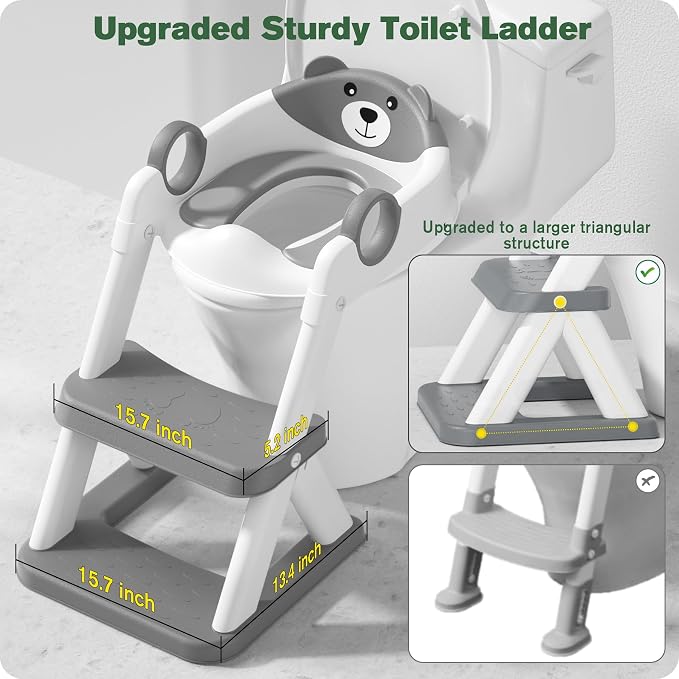 Potty Training Seat, Upgrade Toddler Toilet Seat for Kids Boys Girls, 2 in 1 Potty Training Toilet, Splash Guard Anti-Slip Pad Step Stool(Grey-Pu)