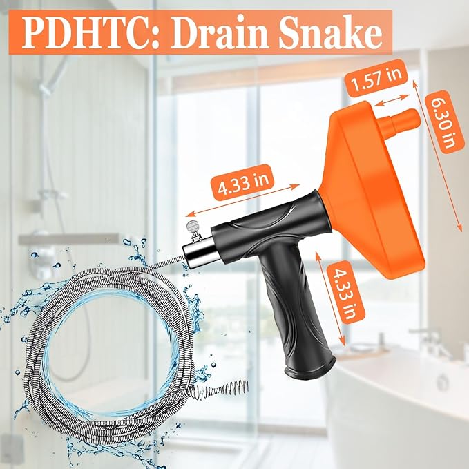 Drain Snake Auger, 33 FT Plumbing Snake Drain Hair Clog Removal Tool, Sink Unclogger Drain, Heavy Duty Snake Auger, Cleaner Tool for Bathroom Kitchen Tub Shower Drain Clog Remover with Gloves
