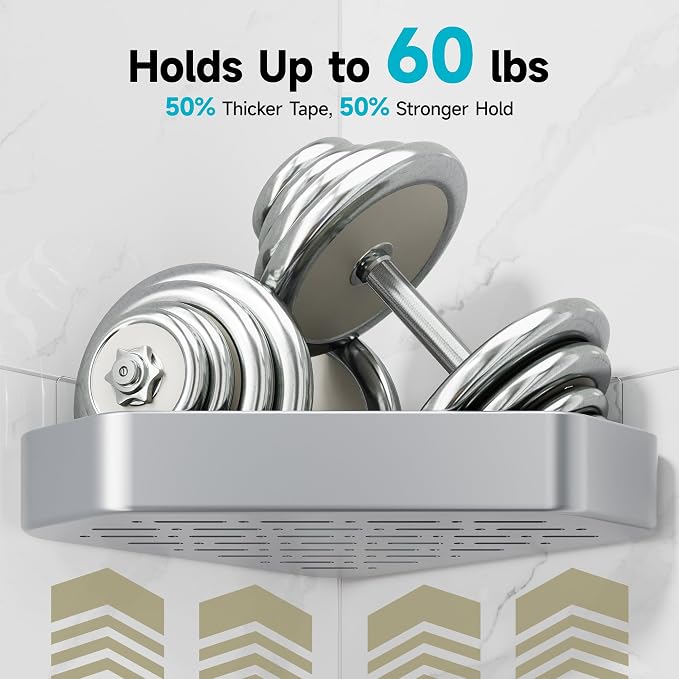Veken Aluminum Corner Shower Caddy 4-Pack, Never Rust&Large Capacity,Silver | No Drilling Shelves, Rack with Soap Holder&Towel Bar, Super-Strong Adhesive for High Load, Bathroom Organizers and Storage