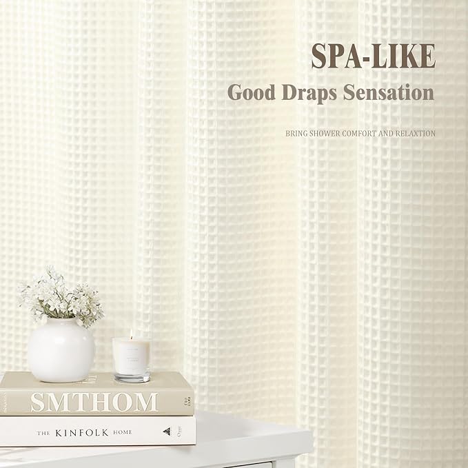 Waffle Weave Shower Curtain Heavyweight Cotton Fabric Ivory 72Wx72L | Soft Cotton Cloth,3D Square Truely Waffle Washable, Hotel Luxury Spa, Shower Curtain Set for Bathroom 12 Plastic Hooks