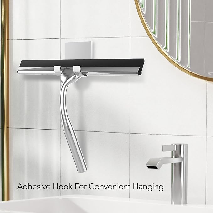 Shower Squeegee for Shower Glass Door with Adhesive Hook | Stainless Steel Squeegee for Shower Glass, Window Squeegee for Cleaning Tile Wall, Mirror, Car(10", Silver)