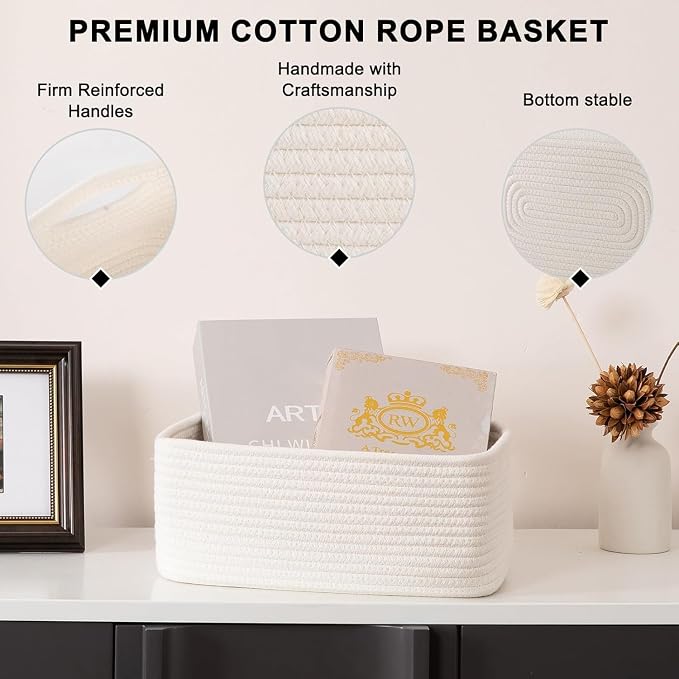 OIASKET 4 Pack Small Storage Shelf Baskets for Organizing, Mini Woven Rope Storage Bins for Towels, Cute Decorative Closet Organizer，Baby Nursery, Gift Empty Baskets -14.17''Lx11.02''Wx6.3''H-White